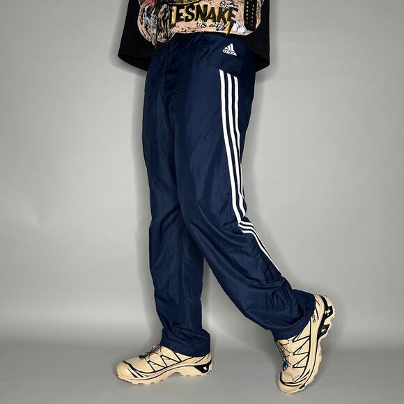 Adidas Track Pants Navy Blue Polyester Sweatpants White 3 Stripes Baggy Wide Leg - Picture 1 of 4